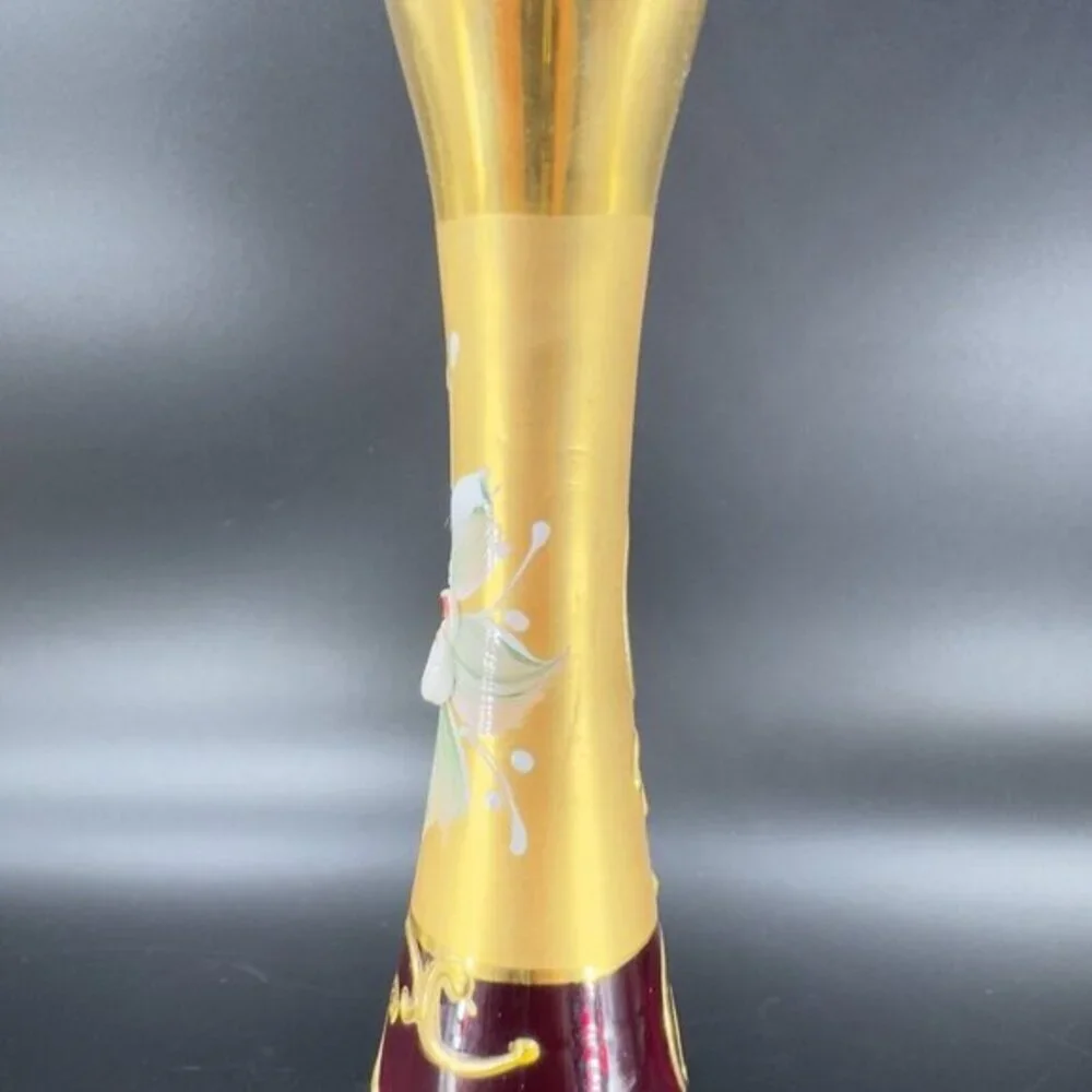 Venetian Art Glass Vase Raised Flowers Ruby Red Heavy Gold Painted Made In Italy
